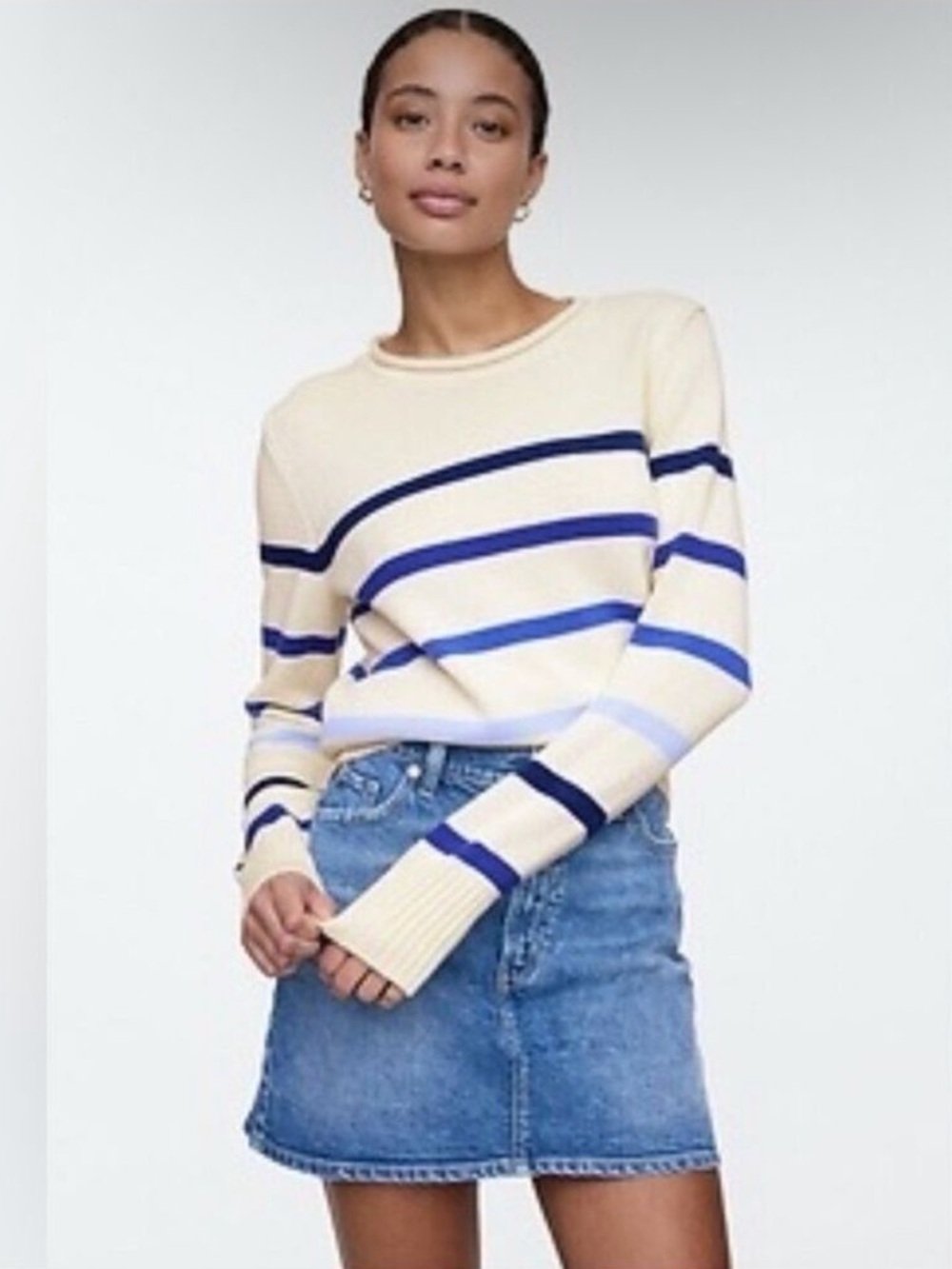 Gap Roll Neck Cotton Blue Stripe Sweater Nautical - Picture 3 of 8